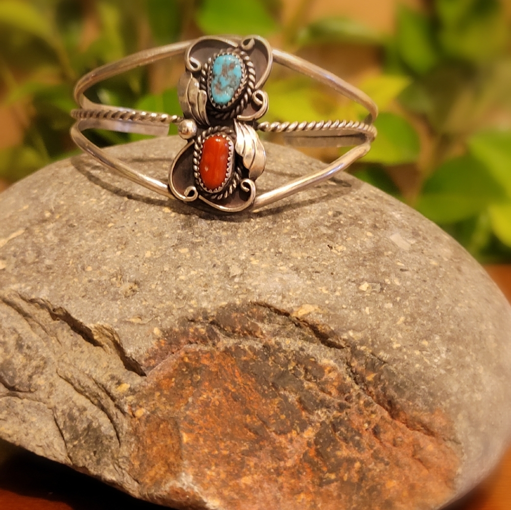 American Indian Ornate Coral & Turquoise Bracelet